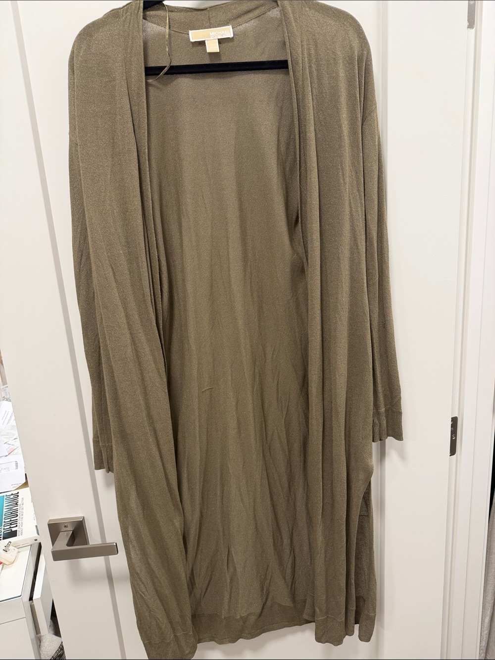 Michael Kors Olive/Tan Lightweight Open-Front Cardigan